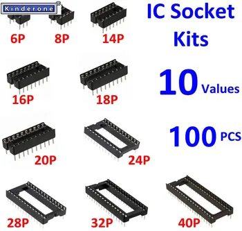 100Pcs / Box 2.54mm Pitch DIP IC Sockets Комплект адаптер за адаптер тип спойка (6/8/14/16/18/24/28/40 щифта)
