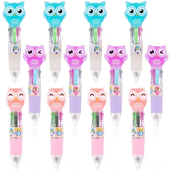 12 PCS Бухал химикалки, 4-в-1 прибиращи се гел писалки, сладък мини карикатура писалки за деца жени възрастни тийнейджъри, многоцветни писалки
