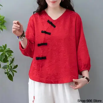 2022Пролет и есен Нова национална мода Дамски топ свободен памучен лен ретро дълъг ръкав тениска китайски традиционно облекло