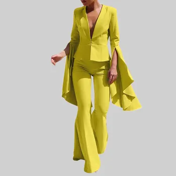 2023 Жените Flare панталони костюми v-образно деколте плътни цветове случайни офис нетактичност набор мода нередовни къдри ръкав нетактичност две части комплект