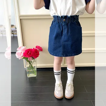 2023 Летни детски дънки поли A-линия над коляното дължина памук твърди нови корейски сладка мода модерен designable деца момичета