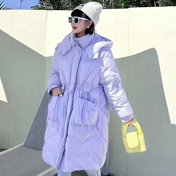 2023 Нова зима бонбони цвят надолу яке жени дълго корейска мода извънгабаритни дебели топло палто ветроупорен качулка сняг парка връхни дрехи