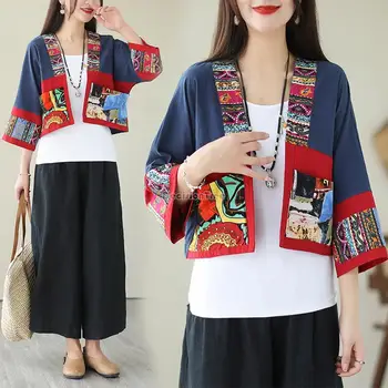 2023 нови пролетни и летни жени снаждане дизайн памук бельо отгоре хлабав китайски национален стил кратко ретро модно палто s439