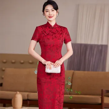 2023 Плюс размер майка на булката рокли Cheongsam къси ръкави високо деколте крило червен килим официален сватбено парти рокля Madrinha