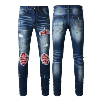 2023 Проектиране Новопристигнали Мода Мъжки дънки Тъмно синьо Sim-fit панталони за мъже Кожа Червена Lint Patched Jeans Мъжки панталони 1318