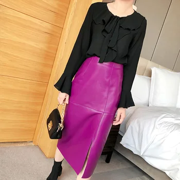 2023 Пролет есен мода естествена овча кожа поли лукс нова тенденция черно лилаво жени streetwear TF3911