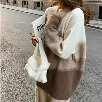 2023 Средна дължина Топ есен и зима дизайн смисъл голям градиент мързелив мек лепкава плетени кръг врата пуловер за жени