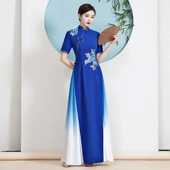 2024 Ao Dai Cheongsam народен стил Виетнам шифон Aodai елегантни жени цвете бродерия традиционна рокля ориенталски Qipao рокля