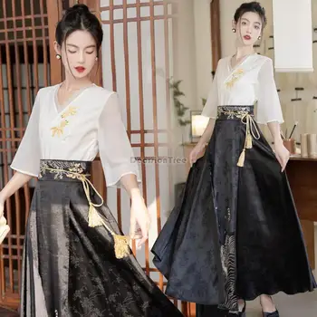 2024 Китайска традиционна династия Мин конска пола жени ханфу ориенталски винтидж стил ханфу комплект дамски фолклорни танцови рокли