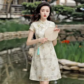 2024 традиционен китайски подобрен qipao cheongsam цвете печат шифон жакард рокля национална реколта парти вечерна рокля