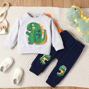 2Pcs Бебешки момчета дрехи комплекти карикатура динозавър печат дълъг ръкав пуловери + панталони комплекти случайни две части екипировки 3-24 месеца