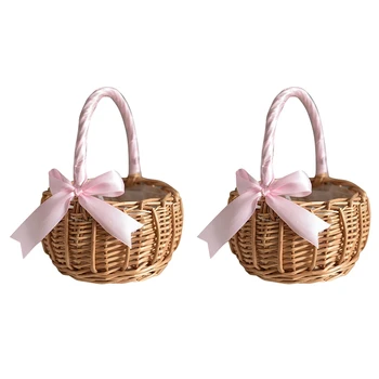 2X плетена кошница за цветя, с дръжка и розова панделка, сватбени кошници за цветя, за декорация на домашна градина (S)