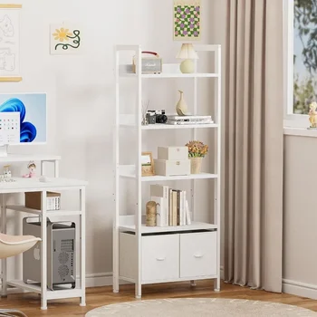 5 Tier етажерка с чекмеджета, дърво и метал книга рафт съхранение организатор, модерен дисплей хол мебели книга рафт