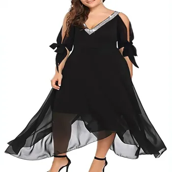 A Lin плюс размер дамско облекло лято нова мода секси черно v-образно деколте разстояние рамото ръкави талията шифон нередовни подгъва парти рокля