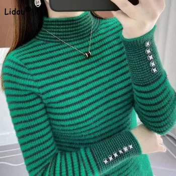 All-мач мода половин висока яка пуловери за женски есен зима дамски дрехи пътуват тънък шарени трикотажни пуловери