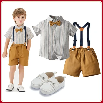 Baby Boss Outfit Gentleman Suits Korean Summer Kids Clothes Boys' Short Sleeve Striped Polo Shirt Shorts Fashion Strap Pants Set