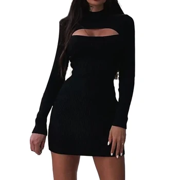 Beauty Casual Daily Dress Woman Clothes Center Collar For Woman Hollow Sexy Strip Dress Трикотажна пола Дълги ръкави