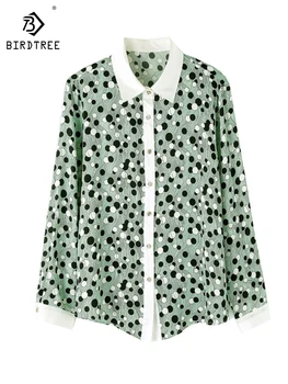 Birdtree 90% Mulberry Silk Елегантна минималистична риза Свободна монтажна дамска блуза с дълъг ръкав 2023 Есен Нова T30634QC