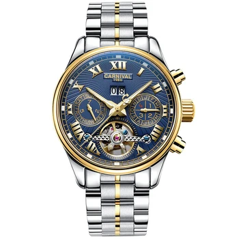 CARNIVAL Луксозна марка Tourbillon Механични мъжки часовници 3ATM Водоустойчив Дата Светлинен автоматичен часовник за мъже Reloj Hombre