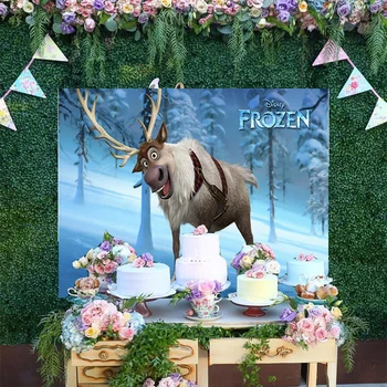 Cartoon Disney Frozen Reindeer Sven Ice Forest Photo Backdrop Girls Princess Elsa Baby Happy Birthday Party Backgrounds Banner