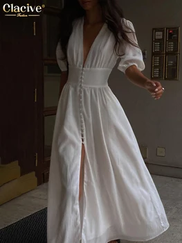 Clacive White Секси едноредна дамска рокля 2022 Елегантни парти рокли с къс ръкав с V-образно деколте Дамска ежедневна тънка рокля Midi