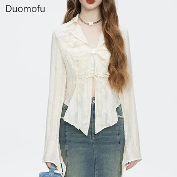 Duomofu мода улично облекло жени ризи американски стил случайни секси дантела нагоре дълъг ръкав върховете Y2K женски ивици всички мач блуза