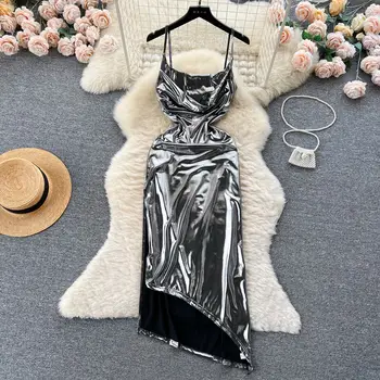 Foamlina секси метални спагети каишка рокля жени лятна мода без ръкави тънък страна сплит отворен обратно нередовни клубни екипировки