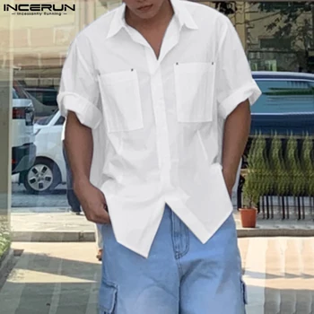 INCERUN Върхове 2023 Красиви мъже твърди всички мач прост джоб дизайн ризи Свободно време Улично облекло Гореща продажба Блуза с къс ръкав S-5XL