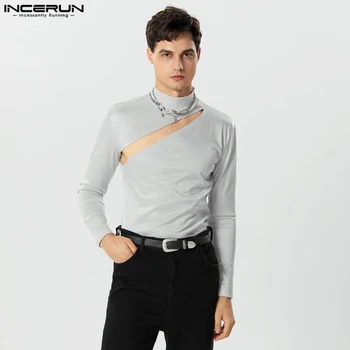 INCERUN Мъжка тениска Твърда поло дълъг ръкав Hollow Out Мъжко облекло Улично облекло Секси 2023 Модни ежедневни камизети S-5XL