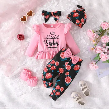 Infant Baby Girl 5Pcs Suit Solid Jacquard Long Sleeve Ruffle Letter Print T-shirt Tops + Floral Print Long Pants + Headband + Cap Sets