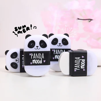 Kawaii Черно бяло Panda форма гумени гумички за моливи с острилка Ученически детски награди Канцеларски материали Училищно снабдяване Сладък канцеларски материали