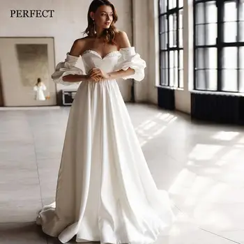 PERFECT Романтични сладки сатенени сватбени рокли 2023 къси ръкави без гръб A-Line булчински рокли по поръчка Vestidos de Novia