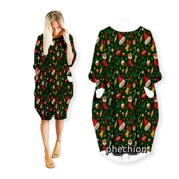phechion Нова Коледа модел 3D печат модни рокли случайни средата дължина рокля жените облекло джоб дълъг ръкав върховете R02