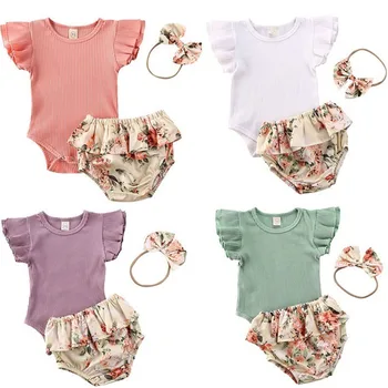 Pudcoco US Stock 0-18M 3PCS мода момиче облекло новородено деца бебе момичета дрехи дантела бутер ръкав боди лято облекло