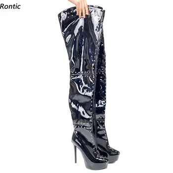 Rontic жени зимна платформа бедрото ботуши мъже патент секси нитове стилет токчета кръг пръсти черен нощен клуб обувки САЩ размер 5-20