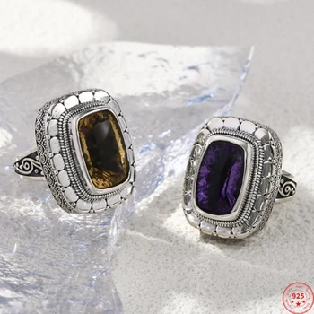 S925 стерлинги сребърни пръстени за жени мъже нова мода ръчно изработени модел естествен аметист жълт кристал бижута безплатна доставка