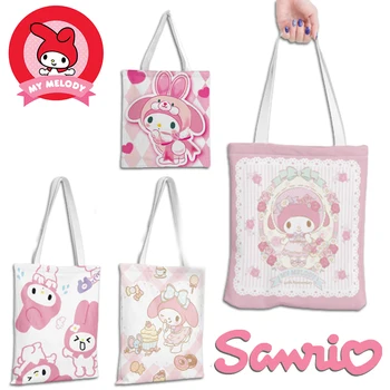 Sanrio Melody рамо чанта Kawaii жени чанта с цип платно пазаруване съхранение чанта 39x36cm карикатура печат двустранен