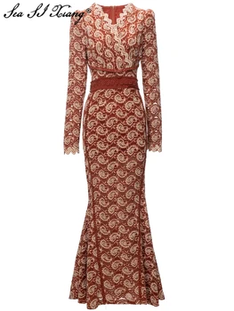 Seasixiang моден дизайнер пролетна русалка рокля жени v-образно деколте дълъг ръкав кухи навън елегантни парти дълги рокли