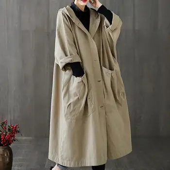 Spring Autumn Women Trench Coat Solid Color Loose Hooded Streetwear Single Breasted Windbreaker Overcoat Manteaux Abrigos 트렌치 코트