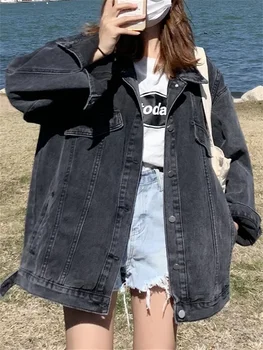 Syiwidii черни дънки якета за жени реколта дълъг ръкав завой надолу яка извънгабаритни палта пролетта корейски случайни яке X1196