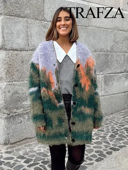 TRAFZA 2023 Есен Дамски плетена жилетка модна тенденция отпечатани хлабав еднореден вълнен палто Дамски универсален пуловер