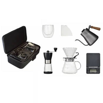 Travel Hand Coffee Pot Pour Over Coffee Maker Set Coffee Kettle Dripping Cup Portable Bean Grinder Filter Paper 8 In1