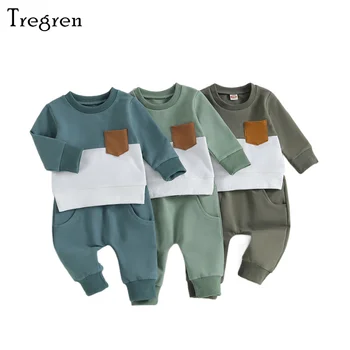 Tregren 0-3Y Малко дете Бебе Момчета 2Pcs Есен облекло Случайни дълъг ръкав контраст цвят пуловер върховете панталони дрехи комплект бебешки връхни дрехи