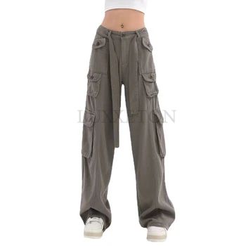Vintage 90S карго панталони Дамска мода ниска талия панталони есен streetwear широк крак гащеризони торбести прави дънки извънгабаритни