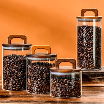 Wood дръжка капак стъкло съхранение буркан влагоустойчив пот закуски кафе на зърна кутия притежателя чай запечатан резервоар за съхранение бутилка контейнер