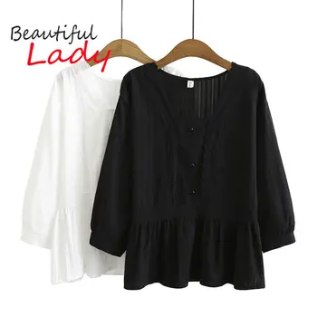 XL-4XL голям размер памучни ризи жени хлабав пуловер за жени черни върхове пролет лятна риза жена