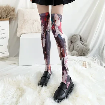 Y2k отпечатани копринени чорапи тънки дамски пролетни есенни кадифе японски лолита косплей jk сладък анимация над коляното дълги чорапи