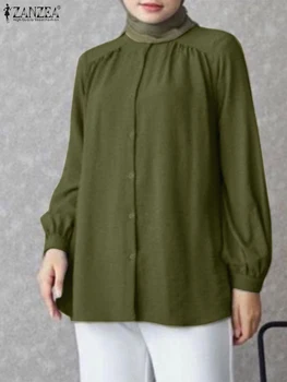 ZANZEA Женско модно парти Мюсюлманска блуза Есенна стойка за ръкав Яка риза Елегантно парти Ислямско облекло Blusas Mujer 2023