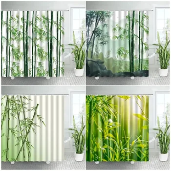 Zen зелен бамбуков душ завеси комплект естествен пейзаж полиестер с куки завеси за баня модерен за баня декор с куки