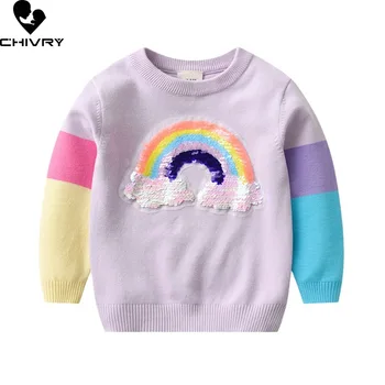 Бебе момичета есен зима пуловер пуловер нов 2023 детски карикатура дъга пайети кръг врата плетени джъмпер пуловери облекло